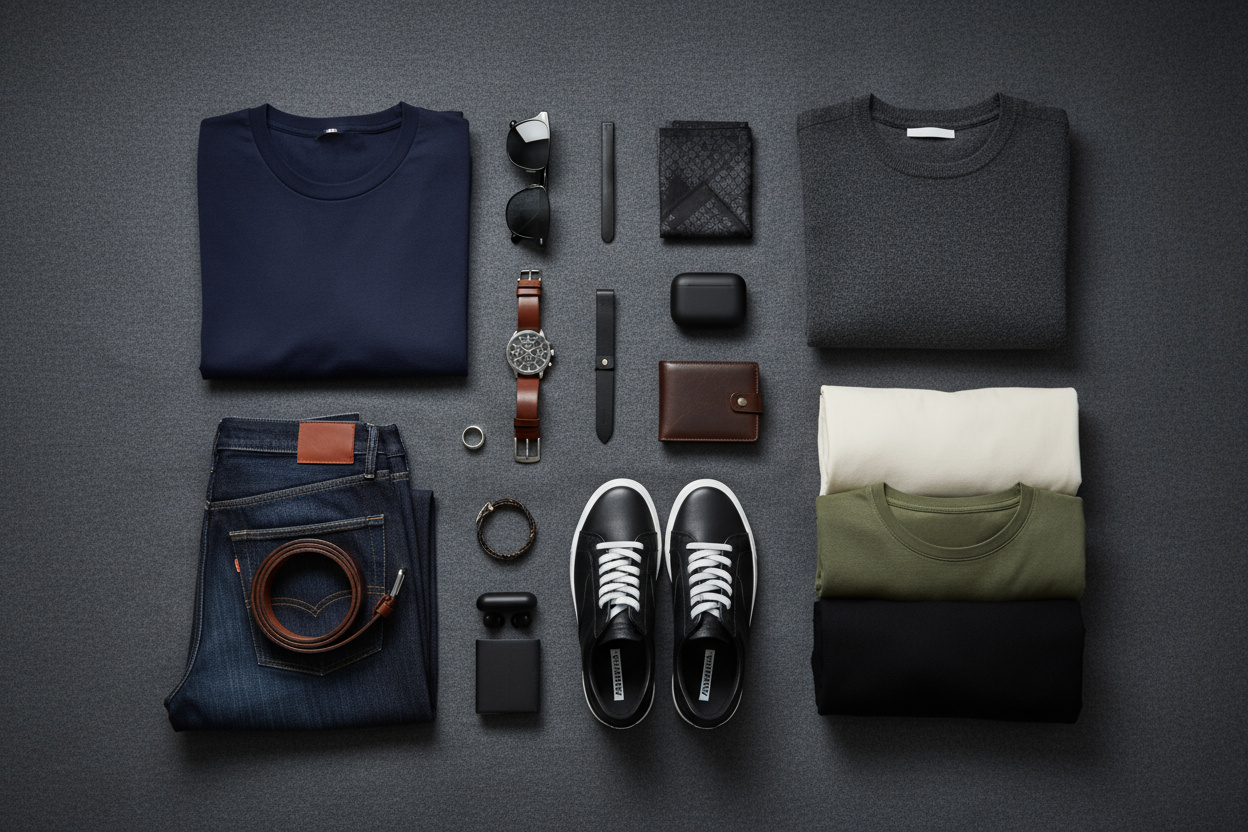 give in background like sunglasses tshirt pant and many for mens wear